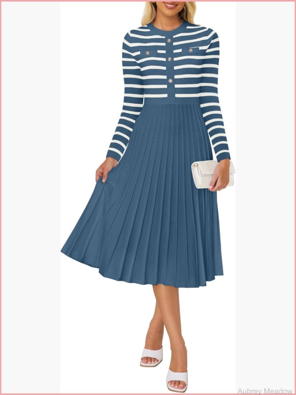 Long Sleeve Striped Knit Pleated A-Line Swing Midi Dress - Picture 1 of 7